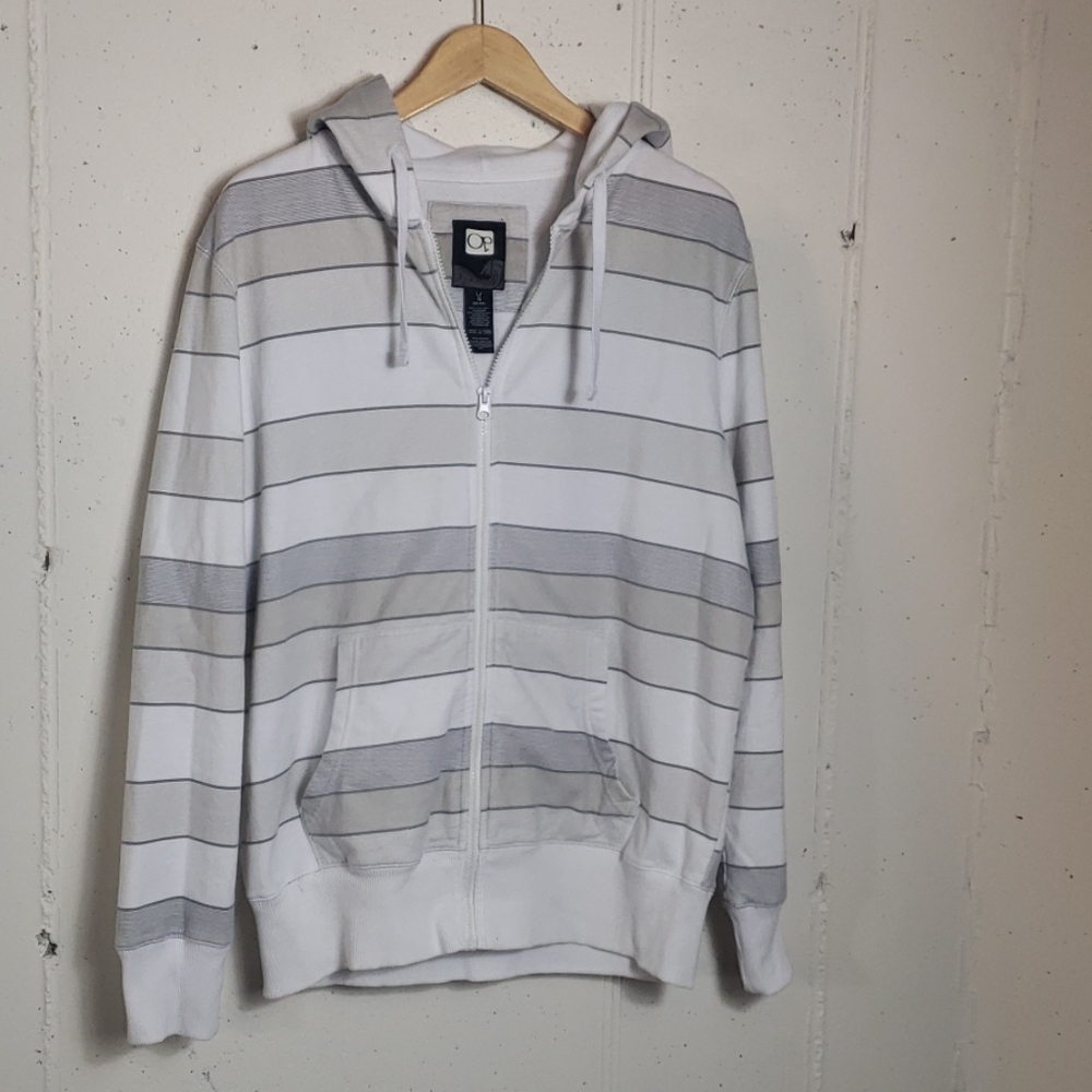 OP White and gray striped full-zip hoodie